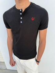 Short Sleeve Henley Shirt - Black
