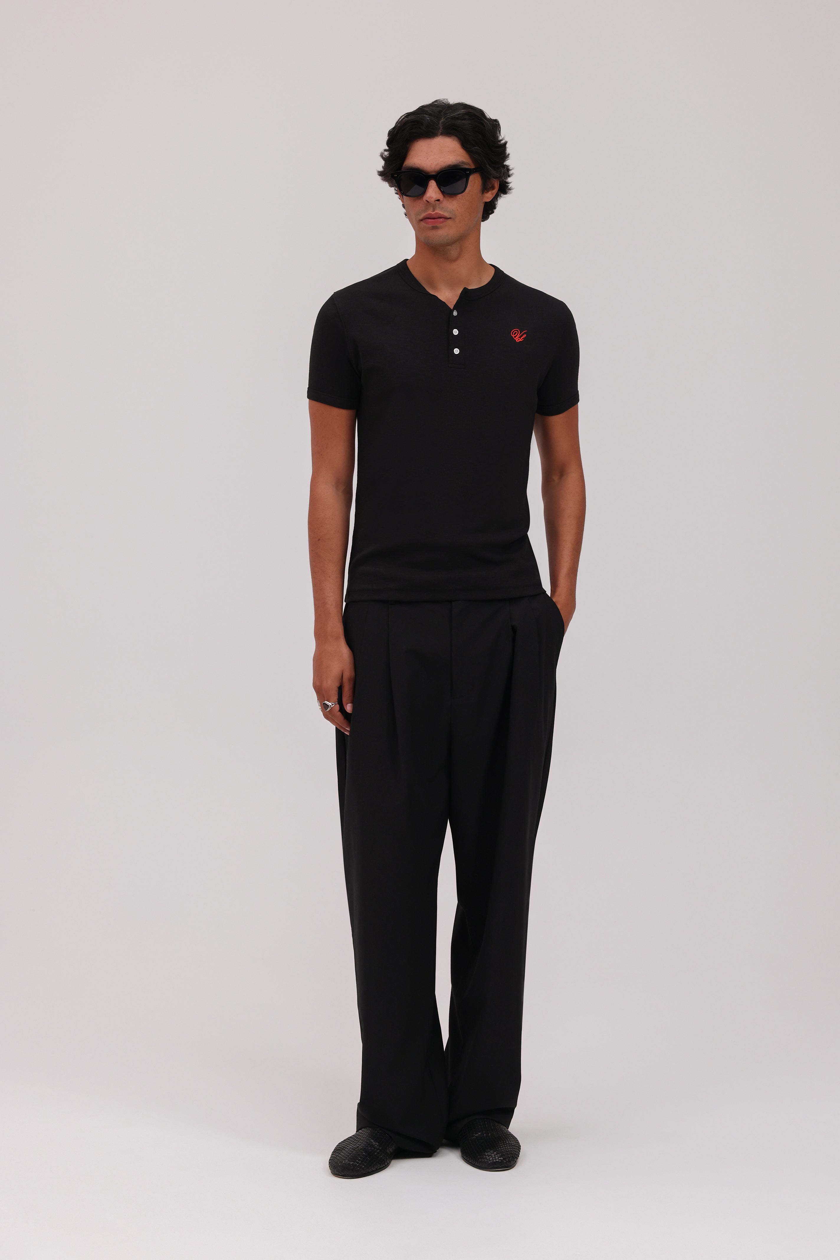 Short Sleeve Henley Shirt - Black