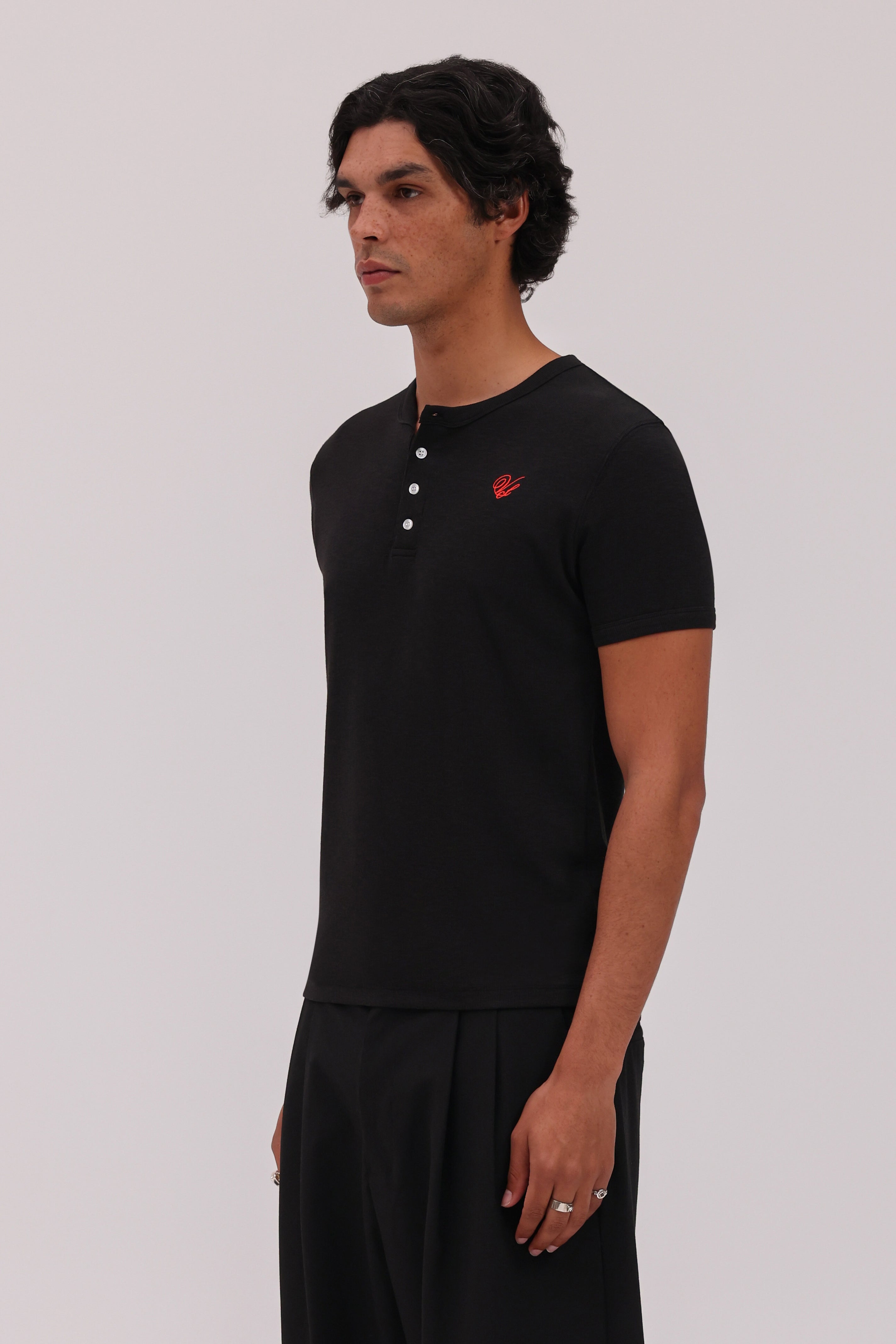 Short Sleeve Henley Shirt - Black