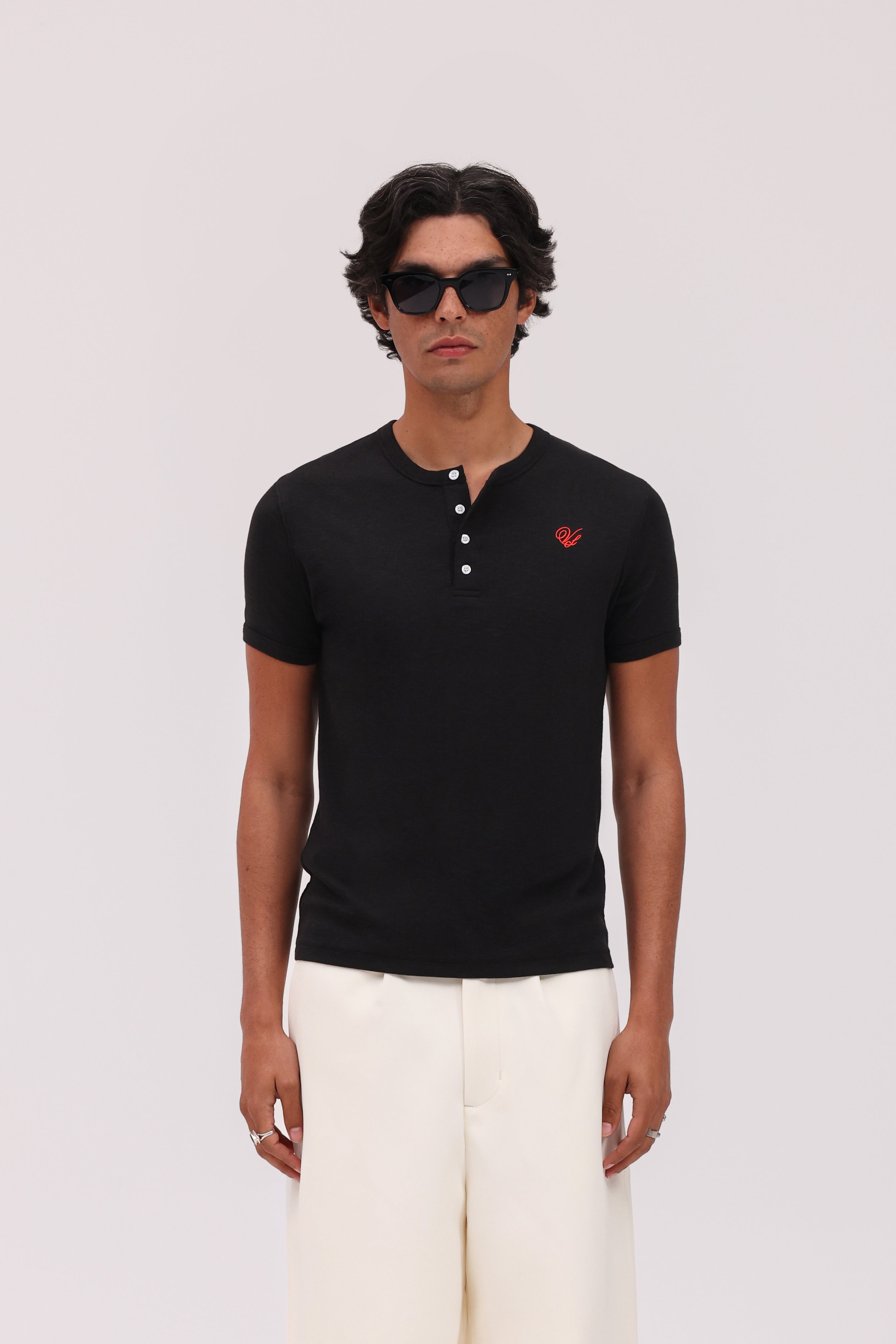 Short Sleeve Henley Shirt - Black